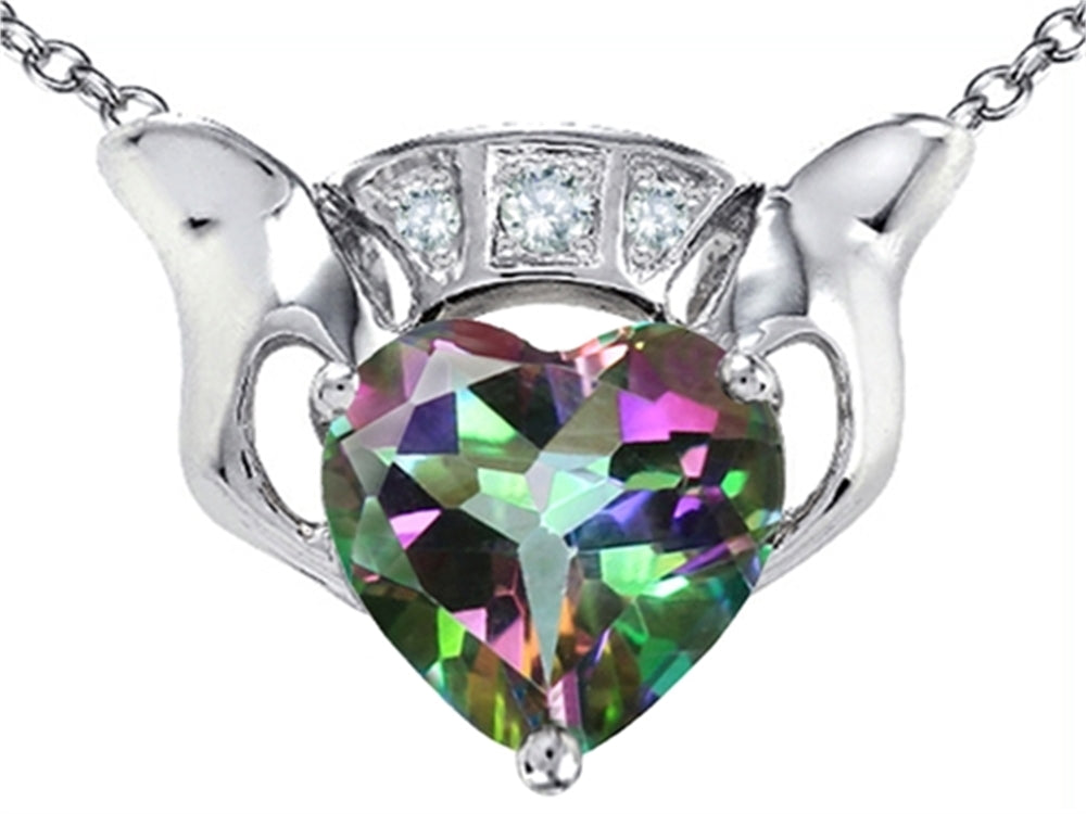 Star K™ 8mm Heart Claddagh Pendant Necklace With Rainbow Mystic Quartz