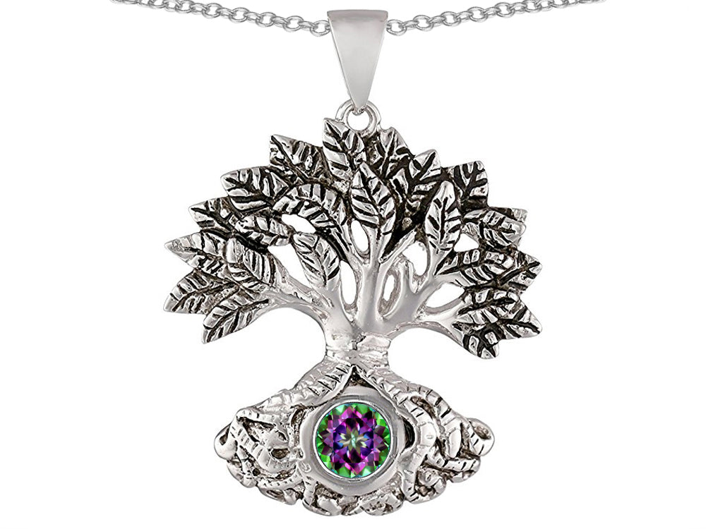 Star K™ Tree Of Life Good Luck Pendant Necklace With 7mm Round Rainbow Mystic Quartz