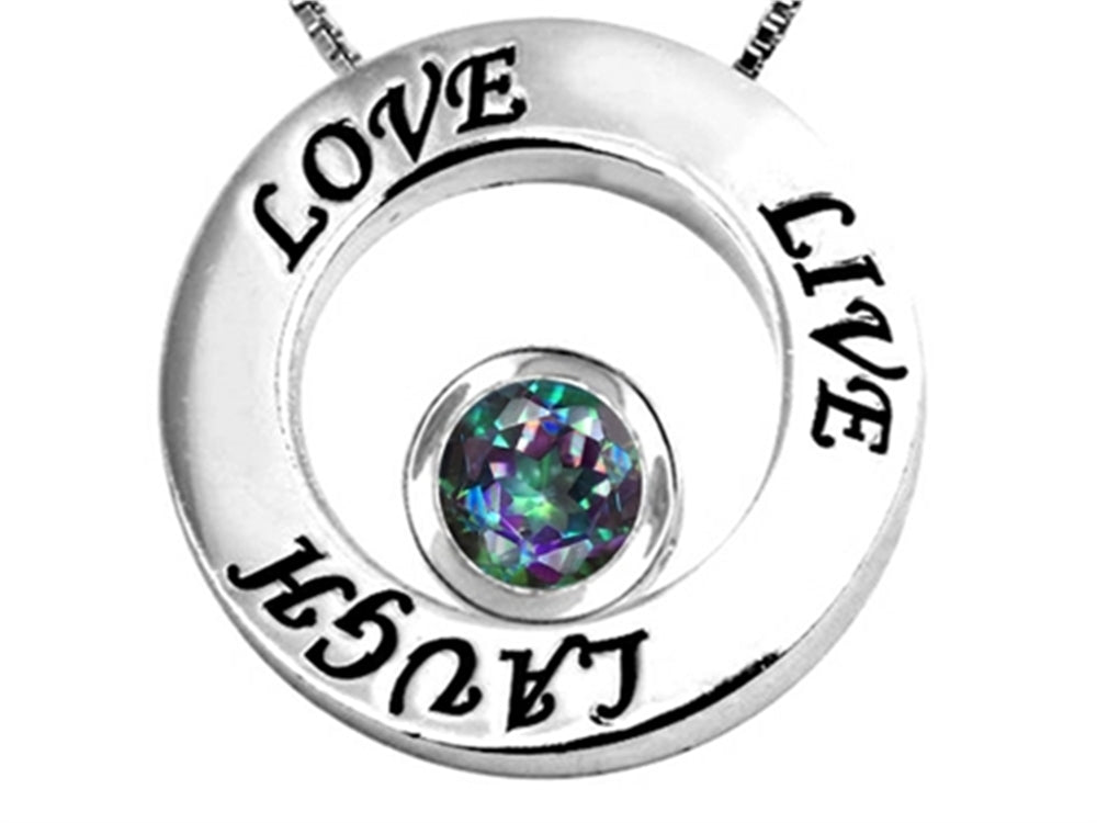 Star K™ Live/Love/Laugh Circle of Life Pendant Necklace with Round 7mm Mystic Rainbow Quartz