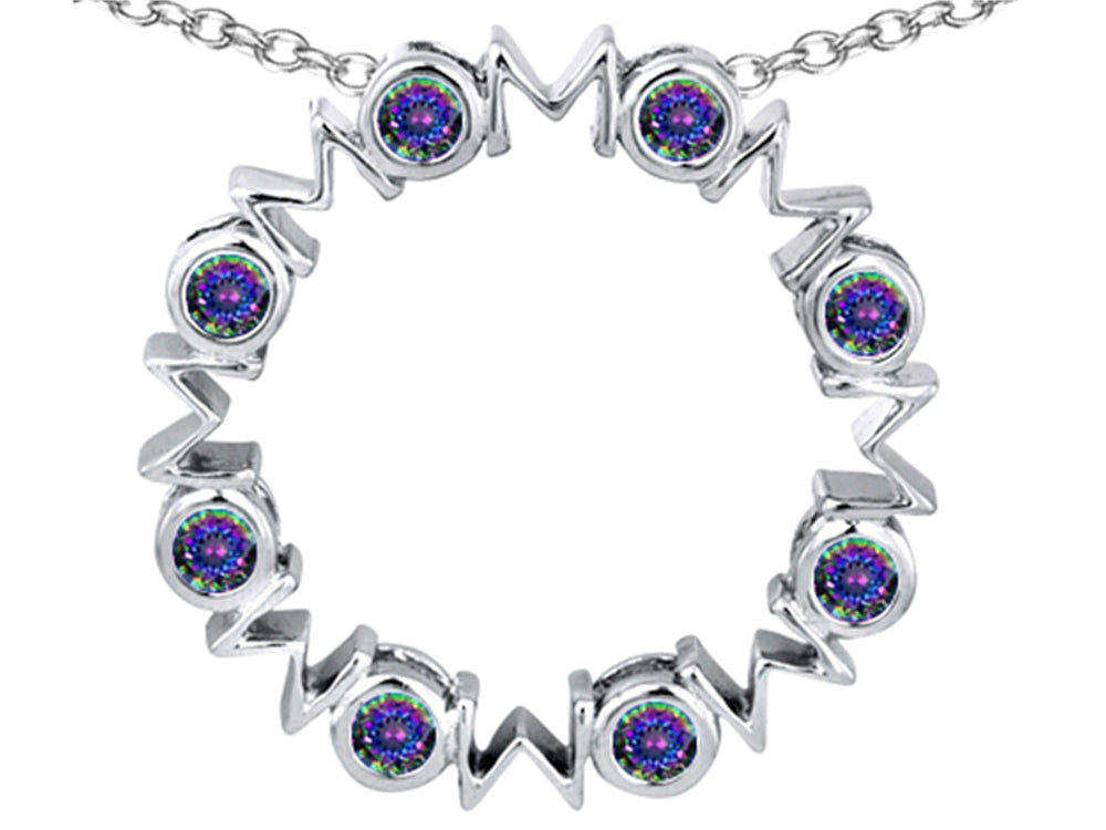 Star K™ Large MOM Circle Mother's Pendant Necklace with Round Rainbow Mystic Quartz