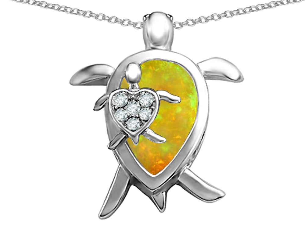 Star K™ Large Mother and Baby Turtle family Pendant Necklace Pear Shape Lemon Created Opal and Cubic Zirconia