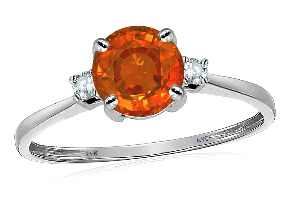 Original Star K 7mm Round Simulated Orange Mexican Fire Opal and Diamond Classic 3 stone Engagement Ring