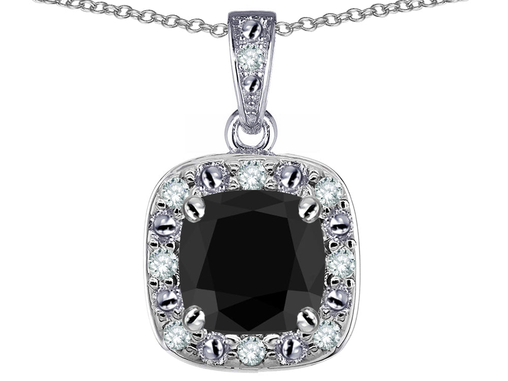Star K™ 14k White Gold Cushion-Cut Black Sapphire Halo Pendant Necklace