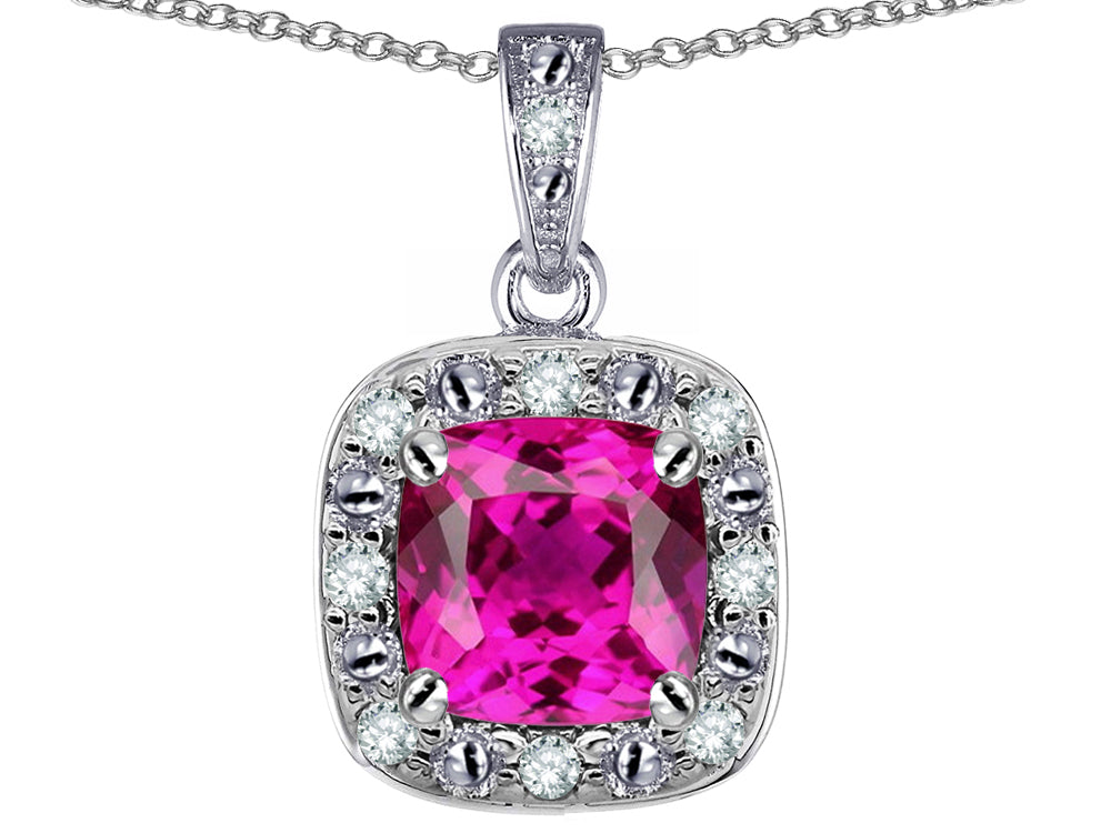 Star K™ 14k White Gold Cushion-Cut Created Pink Sapphire Halo Pendant Necklace