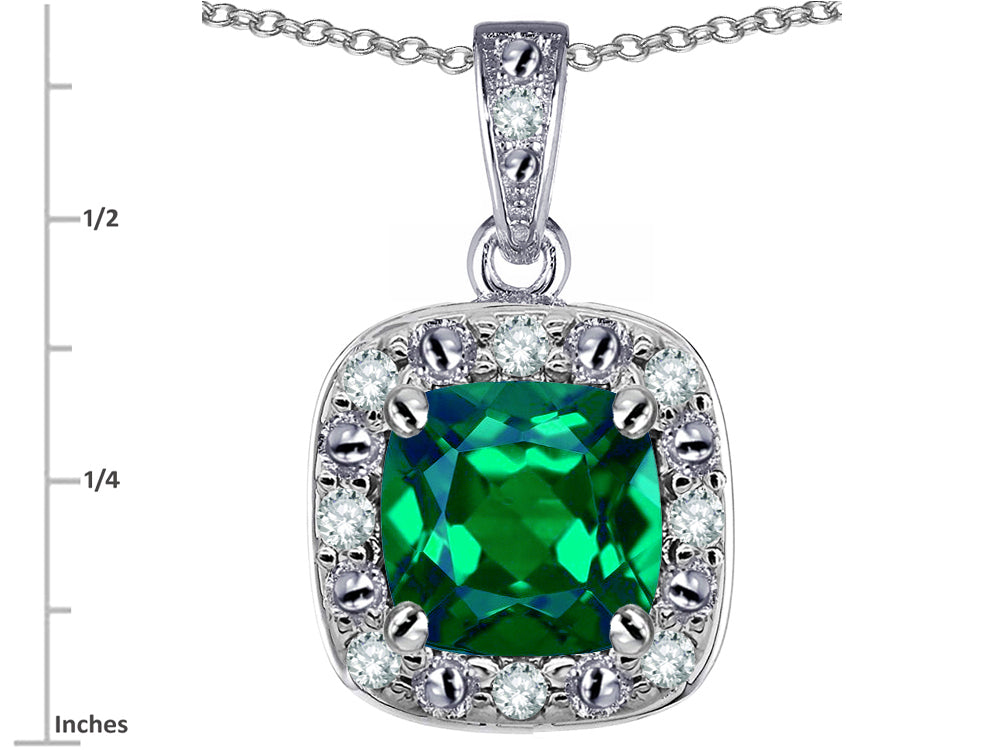 Star K 14k White Gold Cushion-Cut Simulated Emerald Halo Pendant Necklace