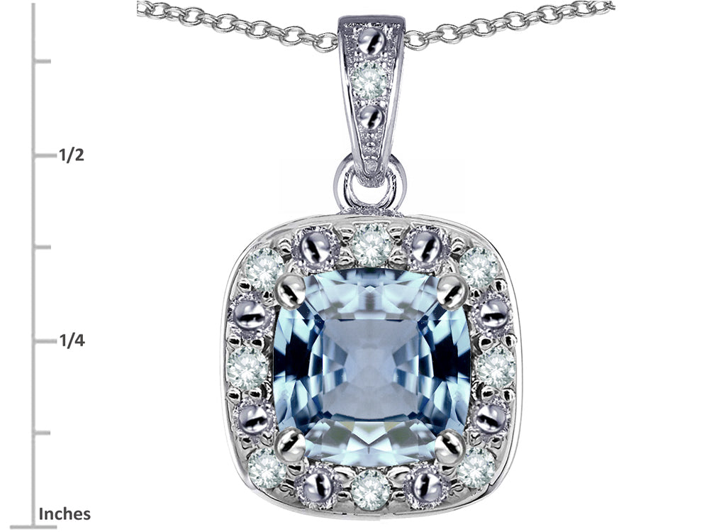 Star K 14k White Gold Cushion-Cut Simulated Aquamarine Halo Pendant Necklace