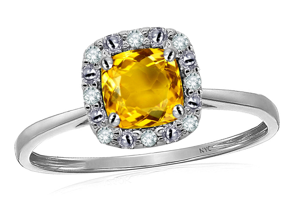 Star K 14 kt White Gold Classic Cushion-Cut Citrine Designer Halo Ring