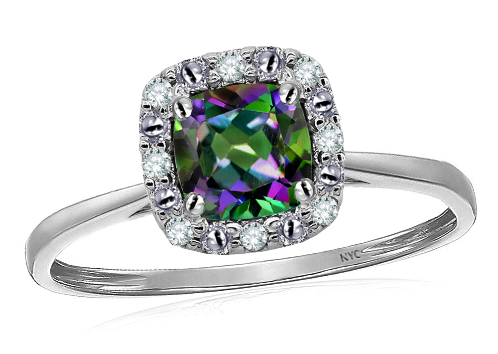 Star K 14 kt White Gold Classic Cushion-Cut Mystic Rainbow Topaz Designer Halo Ring