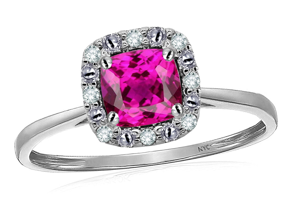 Star K 14 kt White Gold Classic Cushion-Cut Simulated Pink Tourmaline Designer Halo Ring