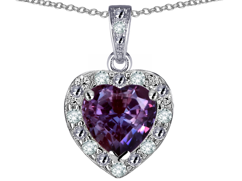 Star K 14k White Gold Heart Shape Simulated Alexandrite Halo Pendant Necklace
