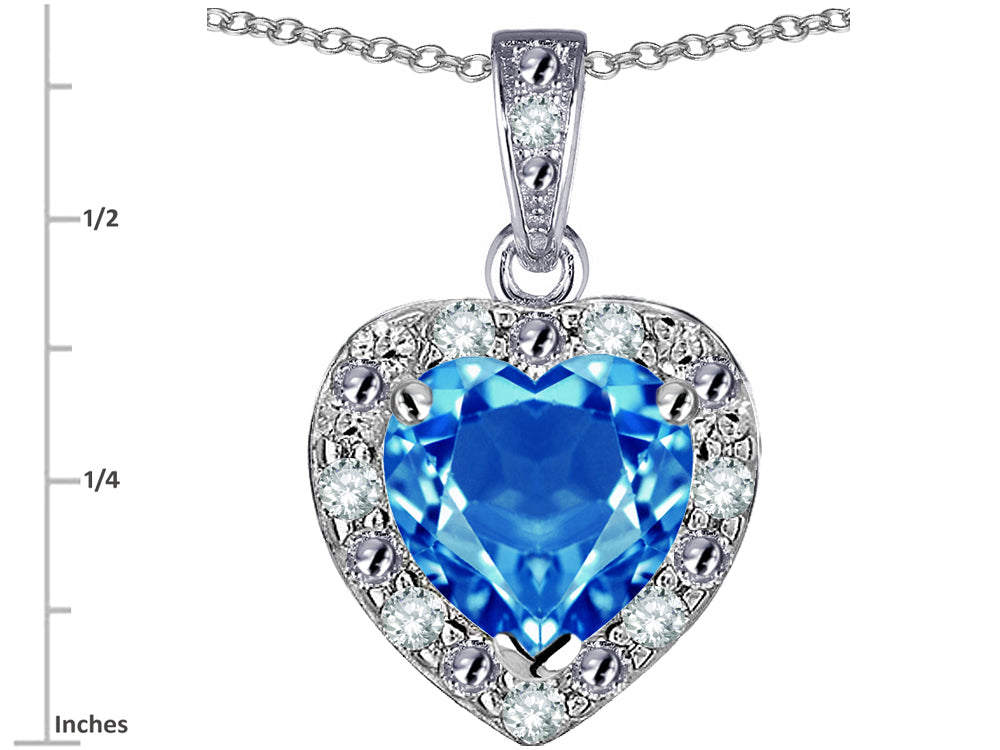 Star K 14k White Gold Heart Shape Genuine Blue Topaz Halo Pendant Necklace
