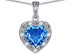 Star K 14k White Gold Heart Shape Genuine Blue Topaz Halo Pendant Necklace