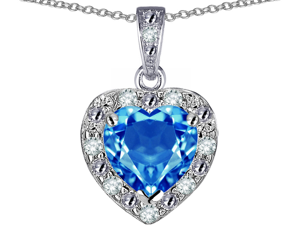 Star K 14k White Gold Heart Shape Genuine Blue Topaz Halo Pendant Necklace