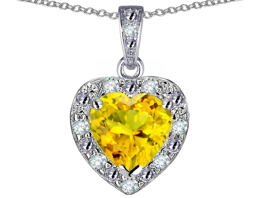 Star K 14k White Gold Heart Shape Genuine Citrine Halo Pendant Necklace