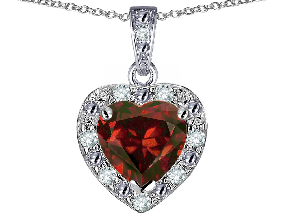 Star K 14k White Gold Heart Shape Genuine Garnet Halo Pendant Necklace