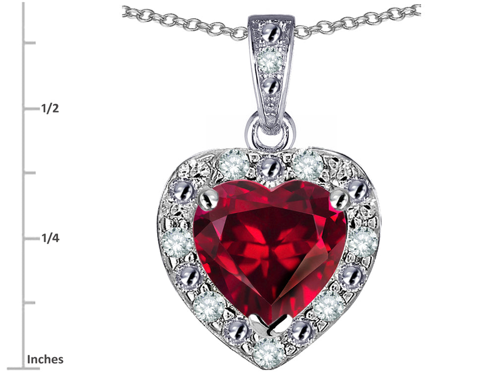 Star K 14k White Gold Heart Shape Created Ruby Halo Pendant Necklace