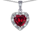 Star K 14k White Gold Heart Shape Created Ruby Halo Pendant Necklace