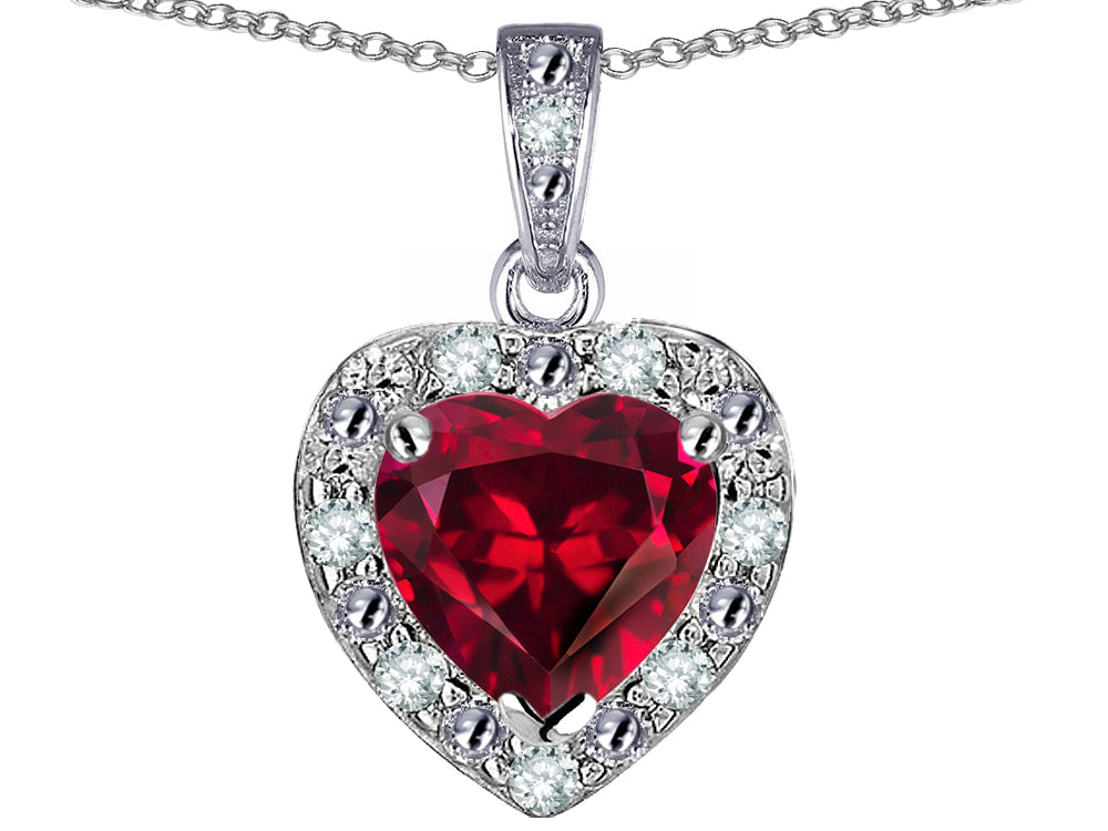 Star K 14k White Gold Heart Shape Created Ruby Halo Pendant Necklace