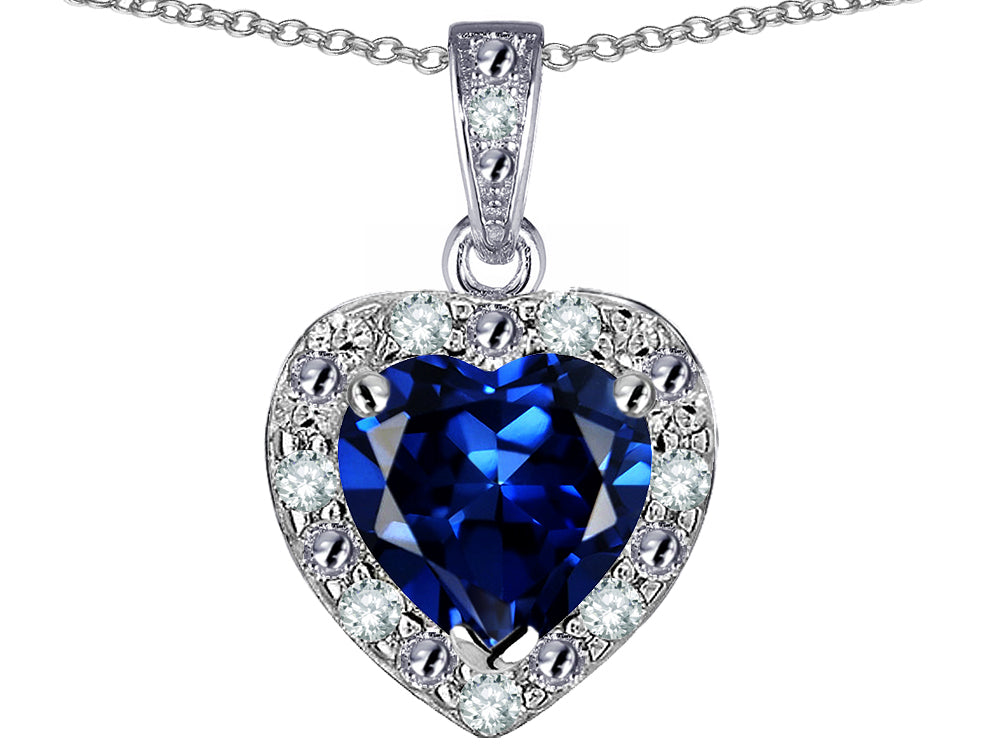 Star K 14k White Gold Heart Shape Created Sapphire Halo Pendant Necklace