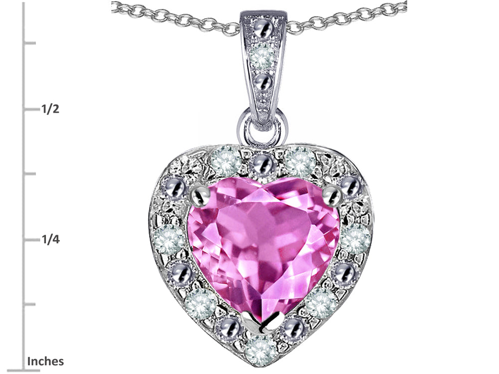 Star K 14k White Gold Heart Shape Created Pink Sapphire Halo Pendant Necklace