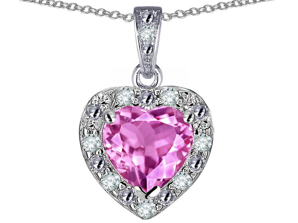 Star K 14k White Gold Heart Shape Created Pink Sapphire Halo Pendant Necklace