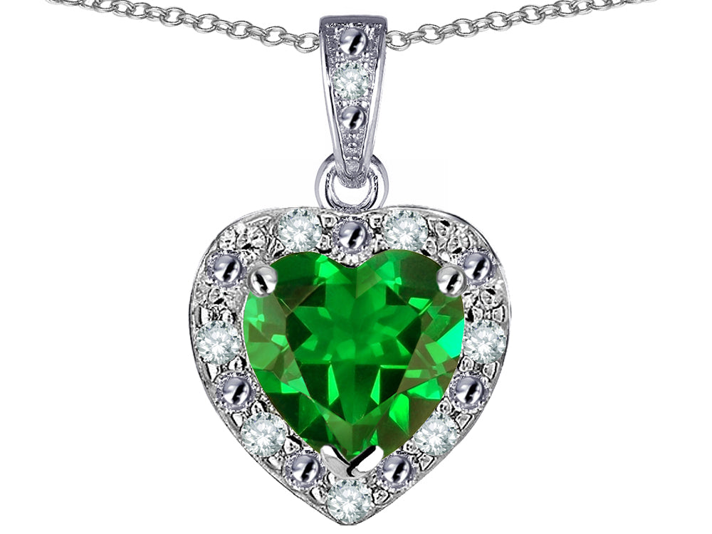 Star K 14k White Gold Heart Shape Simulated Emerald Halo Pendant Necklace