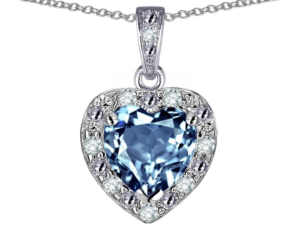 Star K 14k White Gold Heart Shape Simulated Aquamarine Halo Pendant Necklace