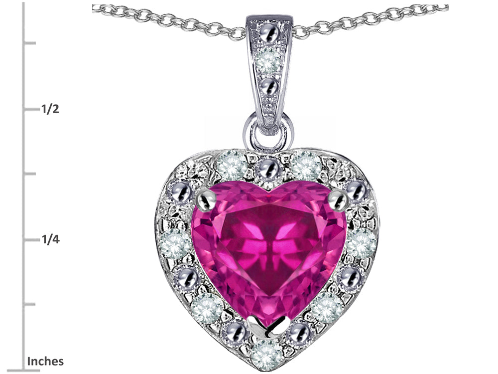Star K 14k White Gold Heart Shape Simulated Pink Tourmaline Halo Pendant Necklace