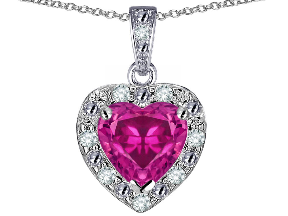Star K 14k White Gold Heart Shape Simulated Pink Tourmaline Halo Pendant Necklace