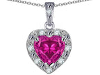 Star K 14k White Gold Heart Shape Simulated Pink Tourmaline Halo Pendant Necklace