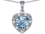 Star K 14k White Gold Heart Shape Genuine Sky Blue Topaz Halo Pendant Necklace