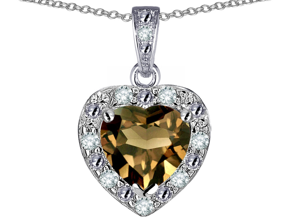 Star K 14k White Gold Heart Shape Genuine Smoky Quartz Halo Pendant Necklace