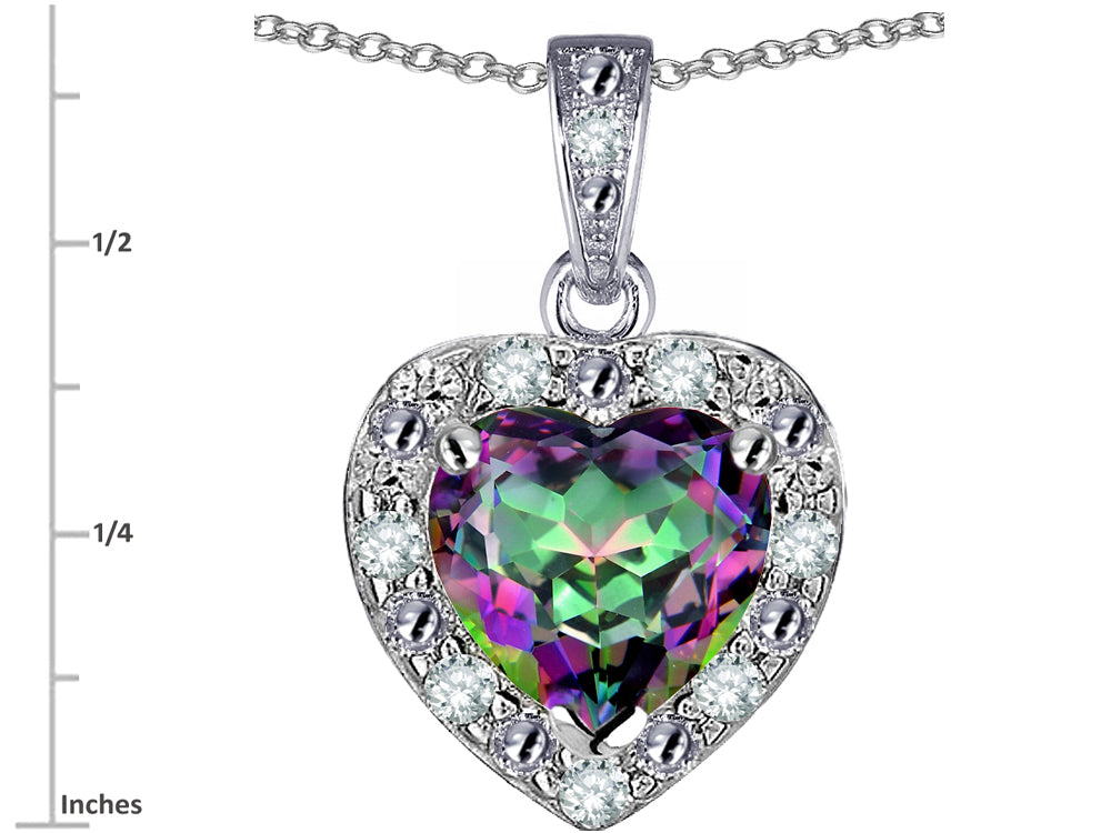 Star K 14k White Gold Heart Shape Rainbow Mystic Topaz Halo Pendant Necklace