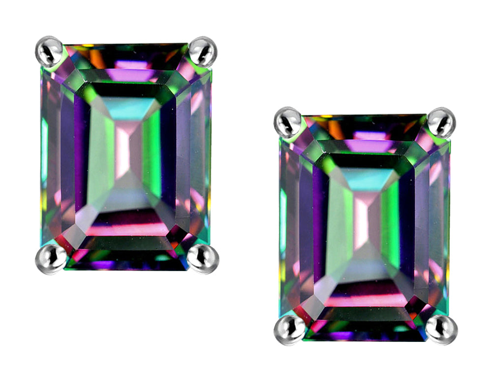 Star K™ Emerald Cut 8x6mm Rainbow Mystic Topaz Earrings Studs