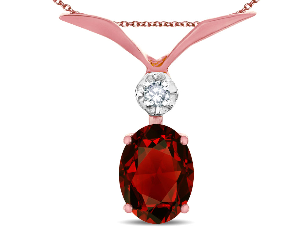 Star K Oval 8x6mm Genuine Garnet V Shaped Pendant Necklace