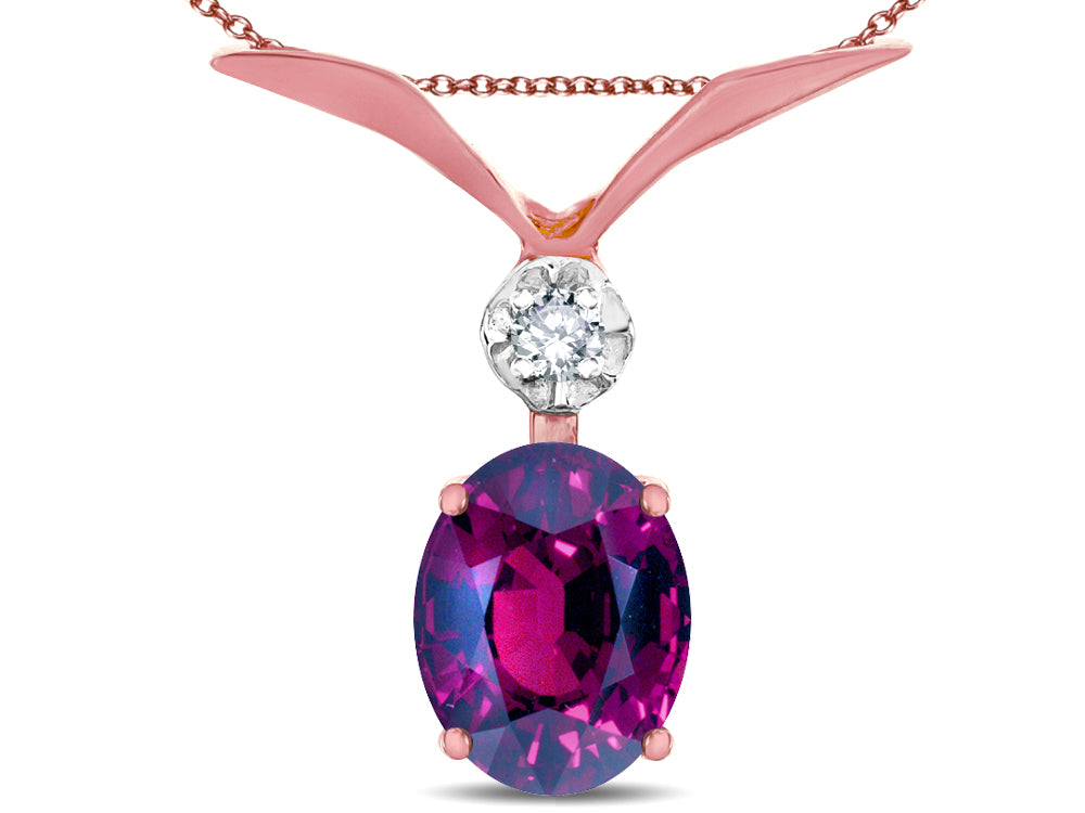 Star K Oval 8x6mm Genuine Rhodolite V Shaped Pendant Necklace