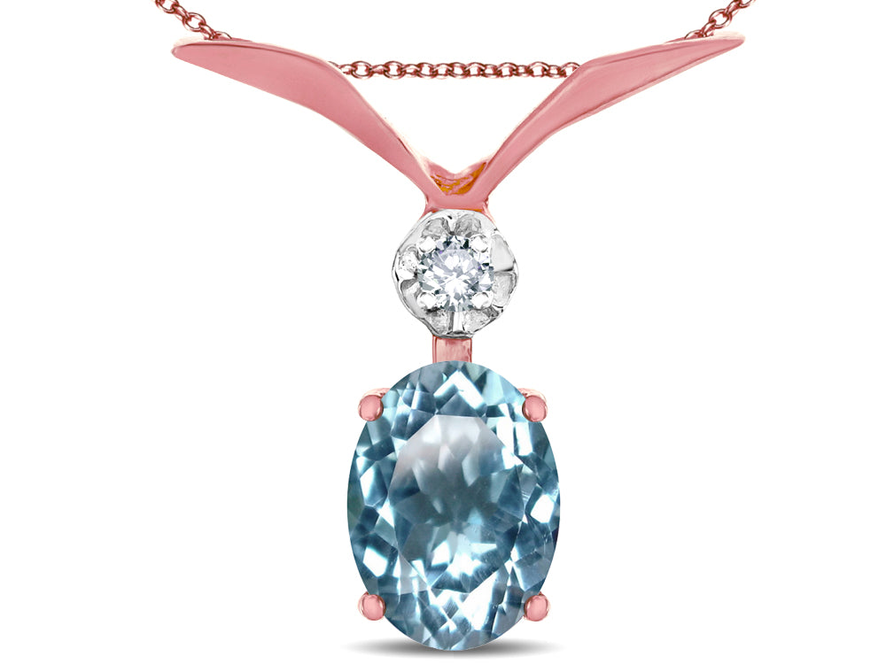Star K Oval 8x6mm Genuine Sky Blue Topaz V Shaped Pendant Necklace