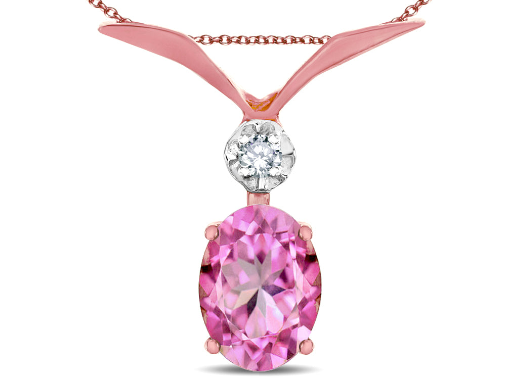 Star K Oval 8x6mm Created Pink Sapphire V Shaped Pendant Necklace