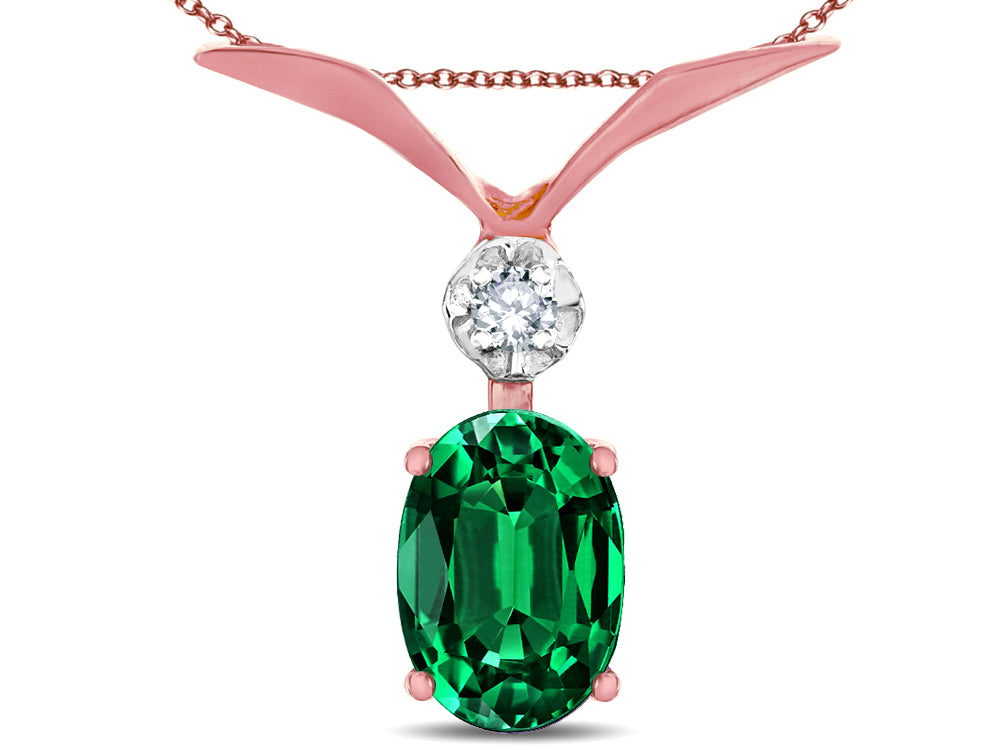 Star K Oval 8x6mm Simulated Emerald V Shaped Pendant Necklace