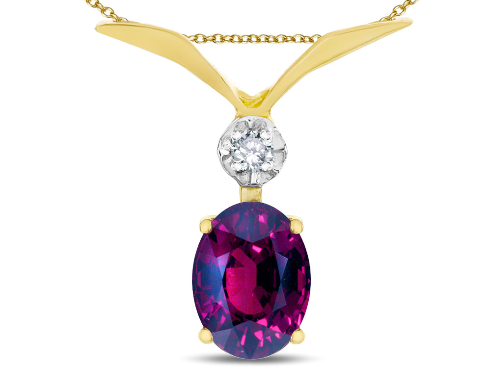 Star K Oval 8x6mm Genuine Rhodolite V Shaped Pendant Necklace