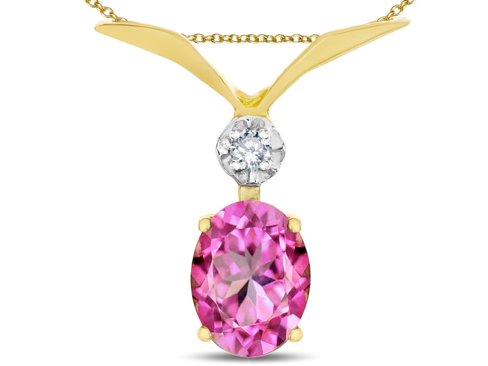 Star K Oval 8x6mm Created Pink Sapphire V Shaped Pendant Necklace