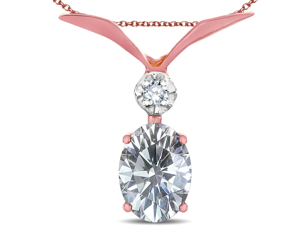 Star K Oval 8x6mm Genuine White Topaz V Shaped Pendant Necklace