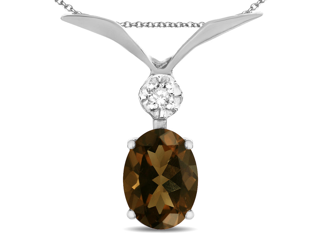 Star K Oval 8x6mm Genuine Smoky Quartz V Shaped Pendant Necklace