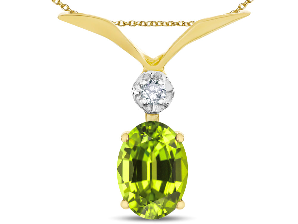 Star K Oval 8x6mm Genuine Peridot V Shaped Pendant Necklace