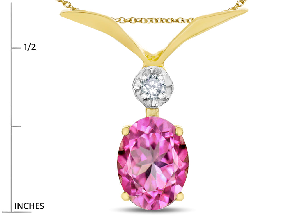 Star K Oval 8x6mm Created Pink Sapphire V Shaped Pendant Necklace