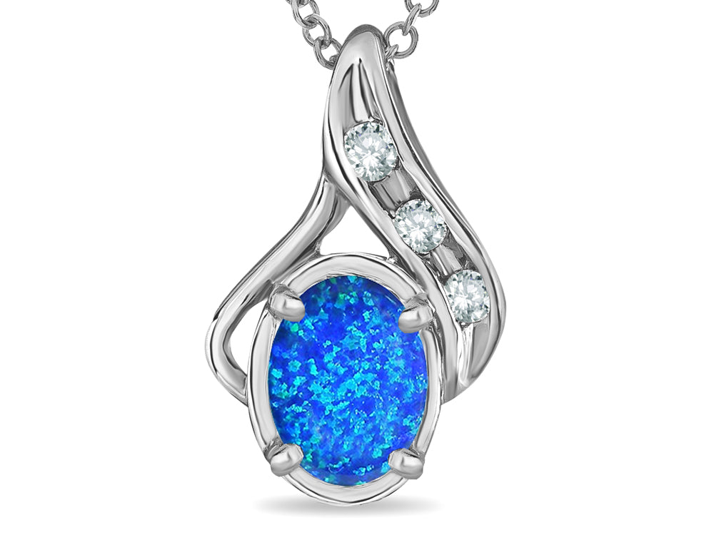 Star K Oval 7x5mm Blue Created Opal  Drop Pendant Necklace