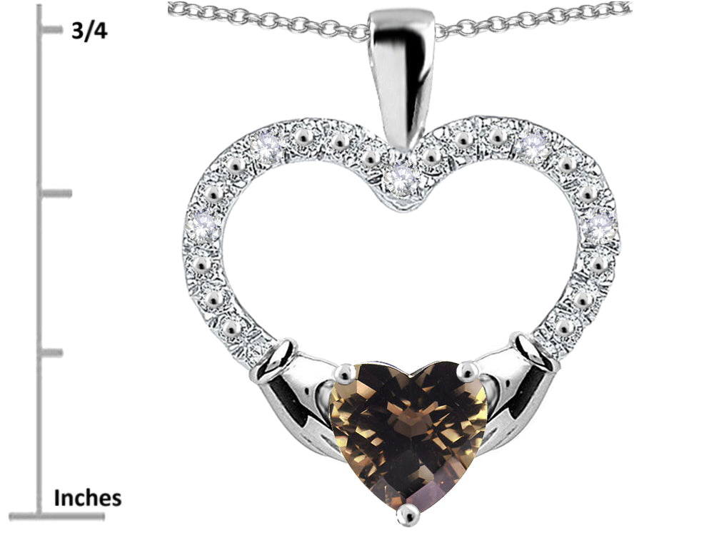 Star K Hands Holding Heart Smoky Quartz Claddagh Pendant Necklace