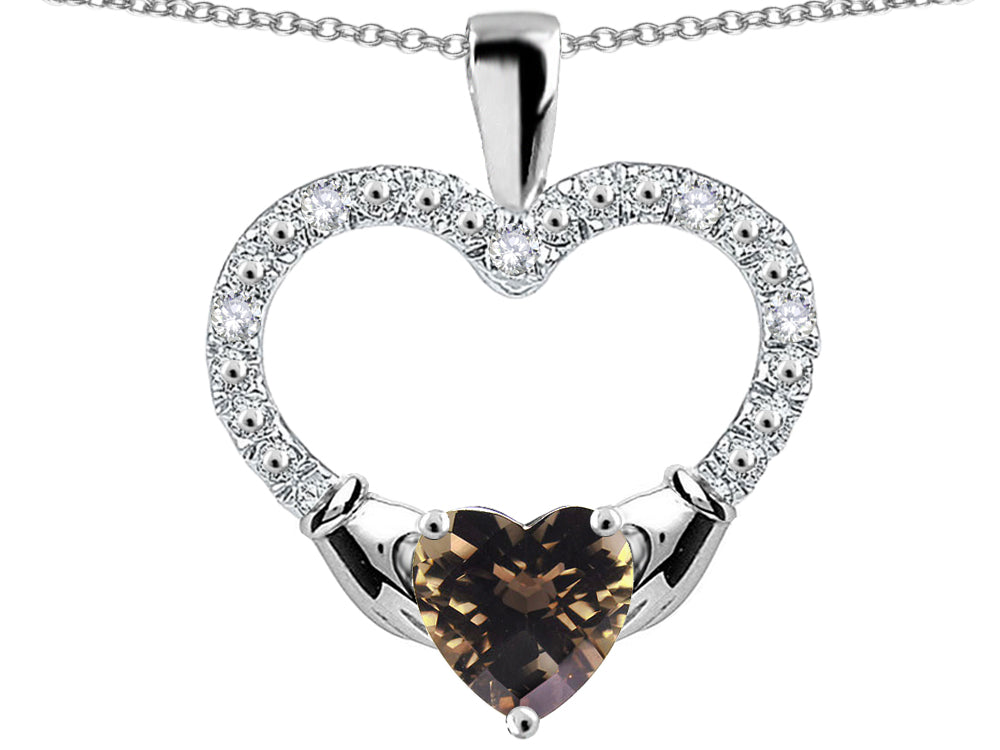 Star K Hands Holding Heart Smoky Quartz Claddagh Pendant Necklace