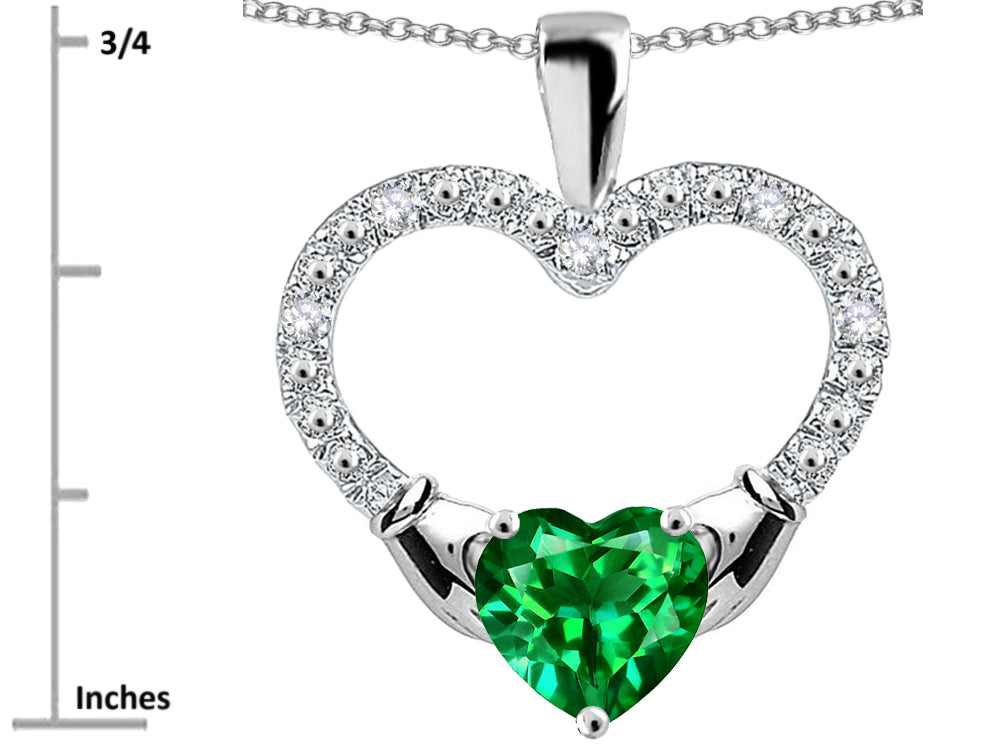 Star K Hands Holding Heart Simulated Emerald Claddagh Pendant Necklace