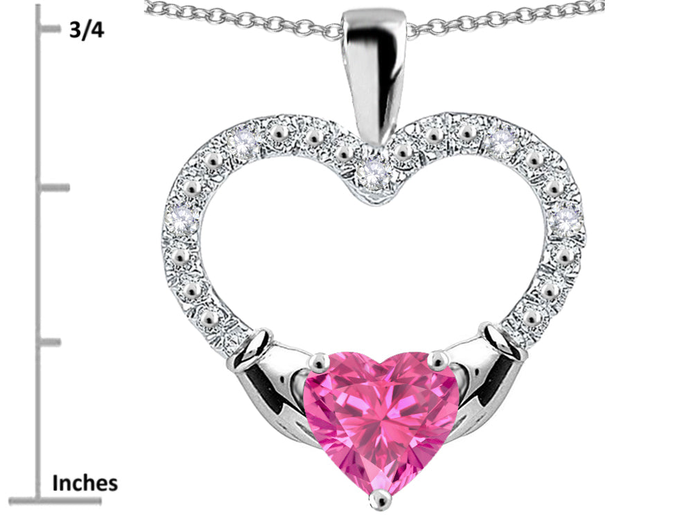 Star K Hands Holding Heart Created Pink Sapphire Claddagh Pendant Necklace